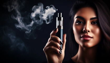 Fototapeta premium Extreme close-up of a young woman looking at the camera holding an electronic cigarette in her hand, on dark background with smoke and copy space. Vape concept. Generative Ai.