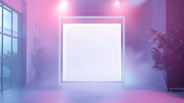 Dramatic 3D Rendered Geometric Frame Mockup with Abstract Glitch Effects in an Avant Garde Industrial Loft Setting Highlighted by Theatrical Spotlights Experimental Modern Surrealist Concept
