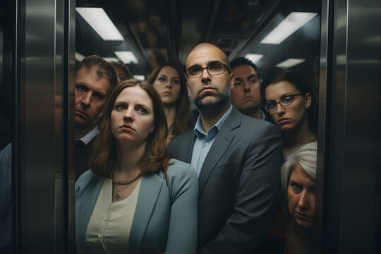 Random people tired, cramped, uncomfortable stand in a dense crowd in the elevator of an office building going up to different floors on weekdays