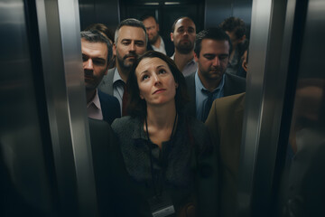 Random people tired, cramped, uncomfortable stand in a dense crowd in the elevator of an office building going up to different floors on weekdays