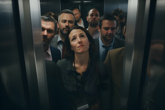 Random people tired, cramped, uncomfortable stand in a dense crowd in the elevator of an office building going up to different floors on weekdays - Powered by Adobe