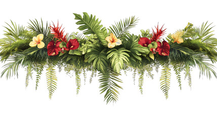 [Transparent Background PNG]Tropical Floral Garland with Green Leaves and Red Flowers
