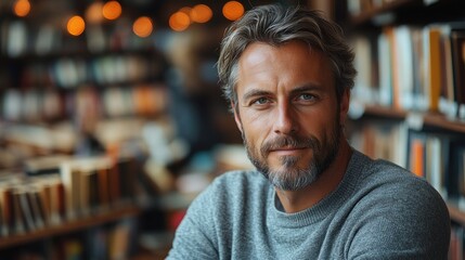 Obraz premium Portrait of a Man with Graying Hair and a Beard in a Library