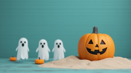 Playful Cartoon Pumpkin in Haunted Sandbox with Ghosts, Halloween Copy Space, Selective Focus