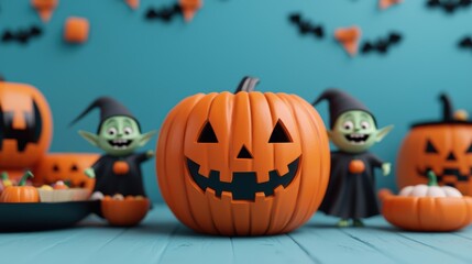 Halloween Cartoon Fun - Pumpkin and Friendly Goblins Feasting with Festive Copy Space,