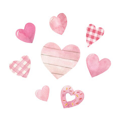 Valentines collection with hearts. Watercolor set, hand drawn  illustration on white background