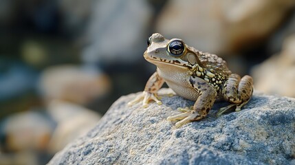 Fototapeta premium Close-up of a frog on various surfaces including the ground, and a stone in a natural garden setting