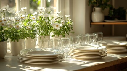 White Plates and Daisies on a Sunny Day