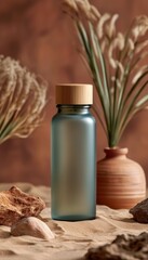 Elegant frosted glass water bottle with bamboo lid, surrounded by natural elements like textured stones and soft foliage, embodying sustainable lifestyle aesthetics.