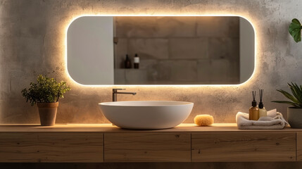 Modern bathroom vanity with illuminated oval mirror, white vessel sink, and wooden countertop. Warm lighting creates a cozy ambiance. Decorative plants and toiletries add a spa-like touch.
