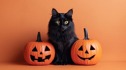 orange halloween jack o lantern carved pumpkin next to black cat on orange background