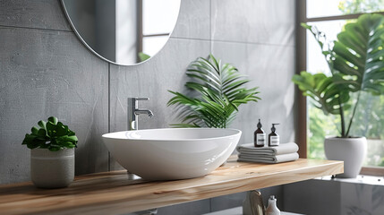 Modern bathroom with dual white vessel sinks, sleek chrome faucets on gray countertop. Stylish decor includes potted cacti and plants. Grey tiled backsplash adds texture. Clean, contemporary design.