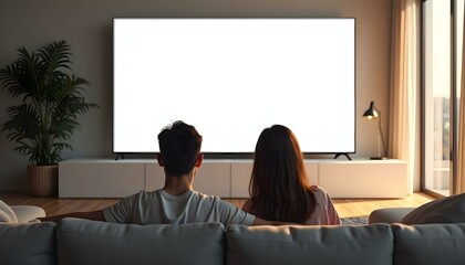 Two man watching TV concept, Young couple is watching TV with a blank white screen in a minimalist living room, Family watching TV, Two man watching TV concept, Watching TV in living room