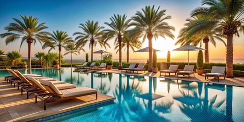 Fototapeta premium Luxury hotel poolside with palm trees and sun loungers , vacation, resort, relaxation, paradise, tropical, leisure