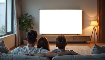 Two man watching TV concept, Young couple is watching TV with a blank white screen in a minimalist living room, Family watching TV, Two man watching TV concept, Watching TV in living room