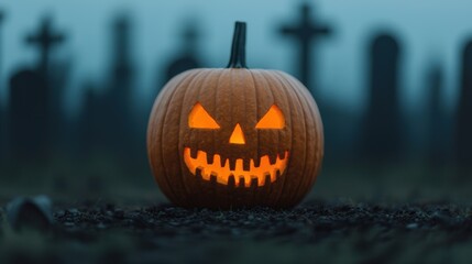 Fototapeta premium Spooky Zombie Pumpkin Emerging from Grave in Haunted Cemetery with Copy Space, Halloween Concept in Ultra HD