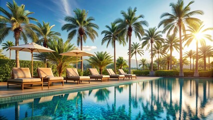 Fototapeta premium Luxurious hotel poolside with lush palm trees and comfortable sun loungers, luxury, hotel, pool, poolside, palm trees