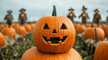 Spooky Haunted Pumpkin Farm Scene with Scarecrows and Eerie Lighting, Copy Space for Halloween Text, Selective Focus - Ultra HD