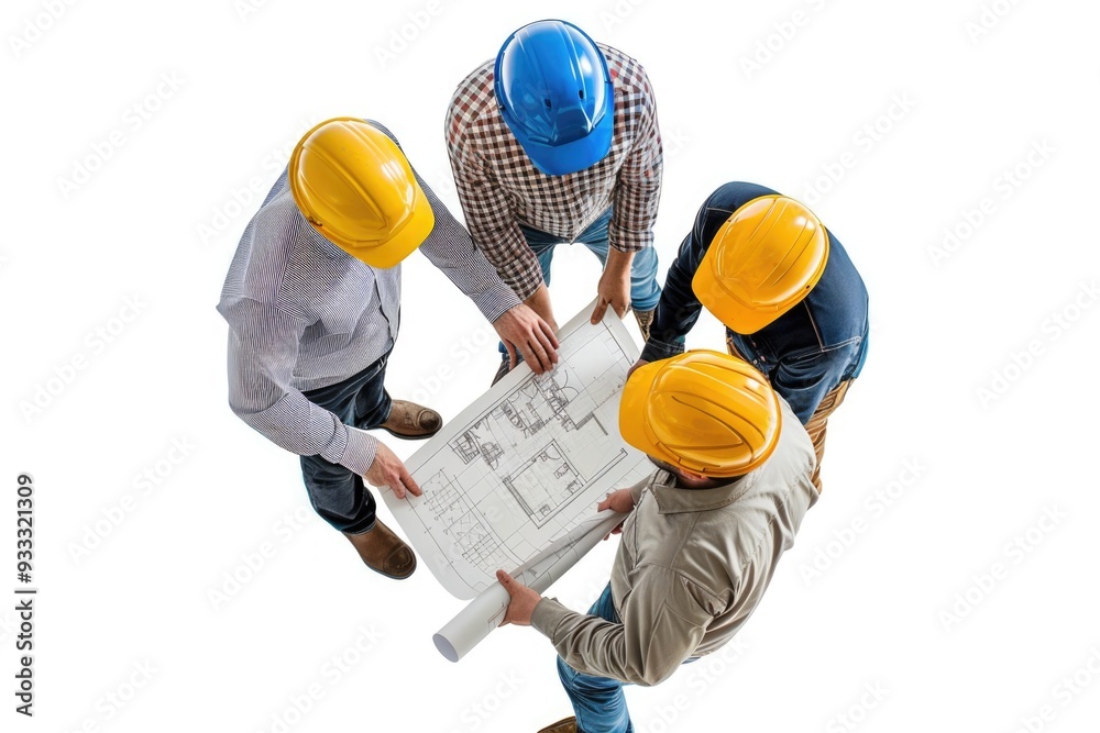 Poster group of workers reviewing plans and discussing project details