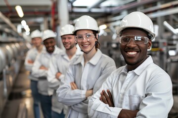 Multiethnic team in white safety helmets, smiling, arms crossed in industrial factory.
