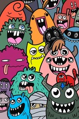 Hand-drawn illustrations, monsters doodle, Hand Drawn cartoon monster illustration,Cartoon crowd doodle hand-drawn Doodle style.