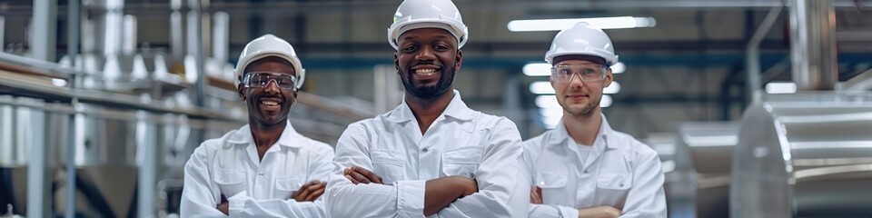 Multiethnic team in white safety helmets, standing in factory, smiling, arms crossed.