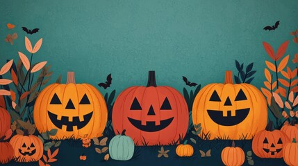 Enchanting Halloween Pumpkin Patch with Whimsical Cartoon Characters in Autumn Night Glow - Ultra HD Quality