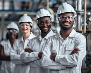 Multiethnic workers in white safety helmets, standing in factory, smiling, arms crossed, unity concept.