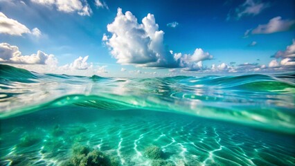 Underwater view showcasing the ocean floor with sunlight filtering through the water, blending into the sky above