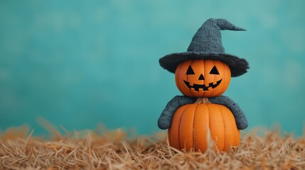 Fototapeta premium Whimsical Pumpkin Scarecrow in Colorful Halloween Night Field