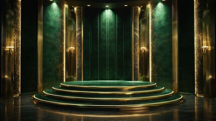 Emerald Velvet and Gold Trim Podium, a luxurious stage design featuring rich green surfaces and elegant golden accents, enhanced by warm lighting to evoke grandeur and sophistication.