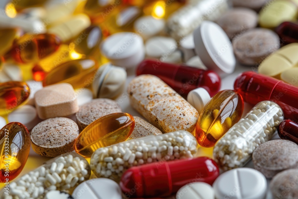 Poster a collection of pills and capsules arranged on a flat surface