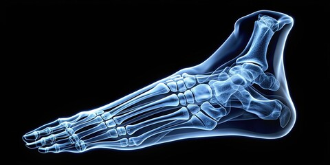 Naklejka premium A detailed X-ray image of a human foot showcasing the complex structure of bones, joints, and tendons in high contrast and precise anatomical detail.