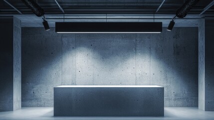 Exposed Piping Concrete Display, Modern industrial setting showcasing a cosmetic product atop a pyramid concrete podium, illuminated by overhead industrial lights for a striking presentation.