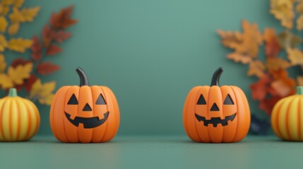 Playful Halloween Pumpkin Duo in Colorful Cartoon Spooky Forest with Copy Space, Selective Focus,