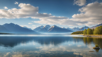 This is a photo of a lake with mountains in the distance. The water is calm and the sky is a bright blue.

