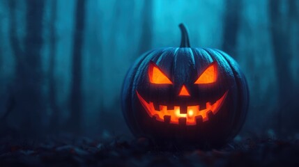 Fototapeta premium Enchanting Pumpkin Wizard Casting Magical Spells in Spooky Forest on Halloween Night with Copy Space | Selective Focus in