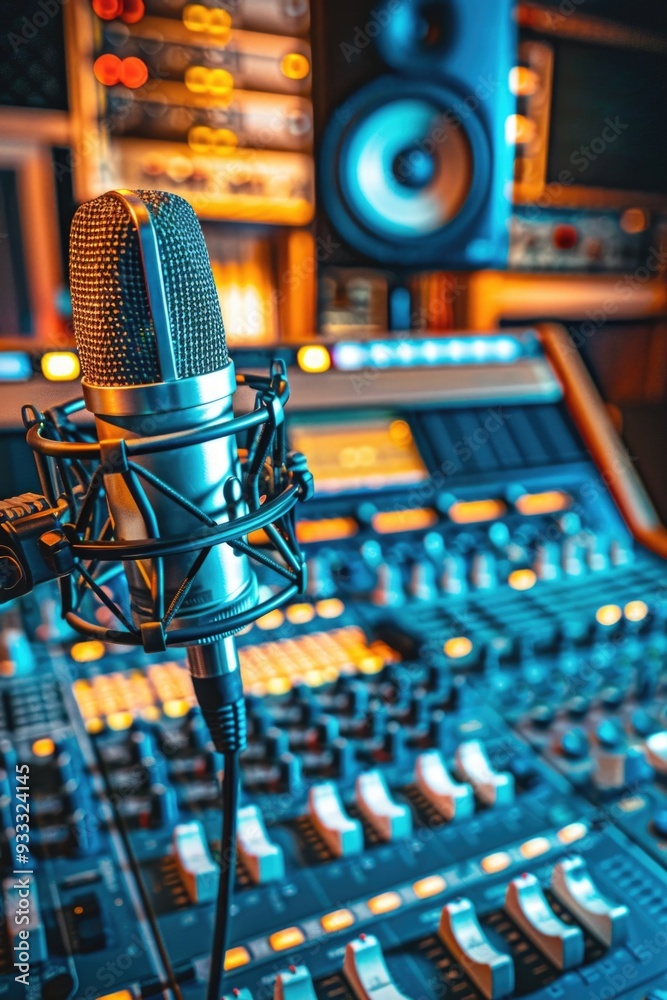 Poster A professional audio setup with a microphone placed on a mixing desk, suitable for music recording and live performances