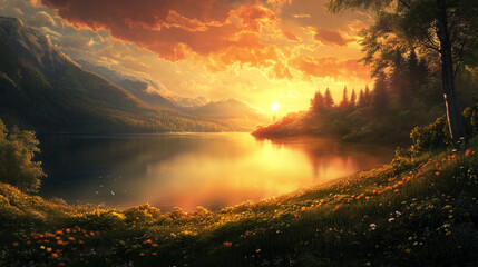 Naklejka premium sunrise over the lake