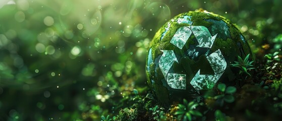 Recycling symbol with green leaves on a textured dark background, promoting sustainability. Free copy space for text.