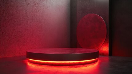 Ruby Red Prism Display, A striking presentation featuring a ruby red prism-shaped podium with iron accents, illuminated by cool industrial lighting, showcasing a modern cosmetic product.