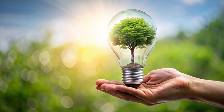 Albero in mano dentro lampadina con focus su energia sostenibile e rinnovabile, albero, mano