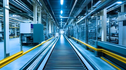 Obraz premium A large industrial building with many machines and conveyor belts. Scene is industrial and mechanical