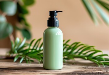Modern green packaging, sleek pump dispenser, accompanied by lush foliage, highlights natural beauty products, emphasizing freshness and eco-friendliness.