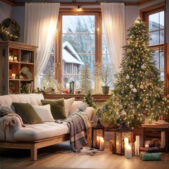Fototapeta premium Cozy luxury minimal warm home interior at Christmas time