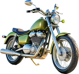 A green motorcycle with a large front wheel, a small side wheel, a round headlight, a round rear wheel, a black seat, and a yellow side mirror.