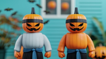 Playful Pumpkin Ninjas on a Colorful Halloween Night Adventure with Copy Space, Quality