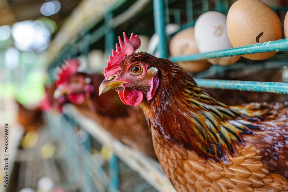 Poster a group of chickens standing side by side in a farm or backyard setting