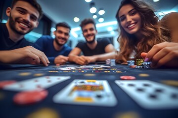 Poker Night:  Friends gathered around a poker table,  chips and cards in play, creating a thrilling and competitive atmosphere.  The low-angle perspective adds a touch of suspense to this  night