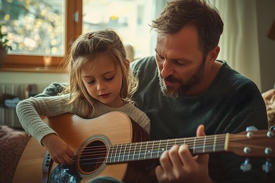 Father-Daughter Duet: A heartwarming scene of a father teaching his young daughter to play the acoustic guitar, fostering a love for music and creating cherished memories.  - Powered by Adobe
